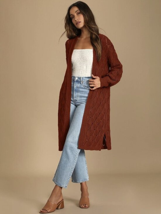 Lulus Sweaters - Points to Cozy Rust Red Pointelle Knit Cardigan Sweater NWT
